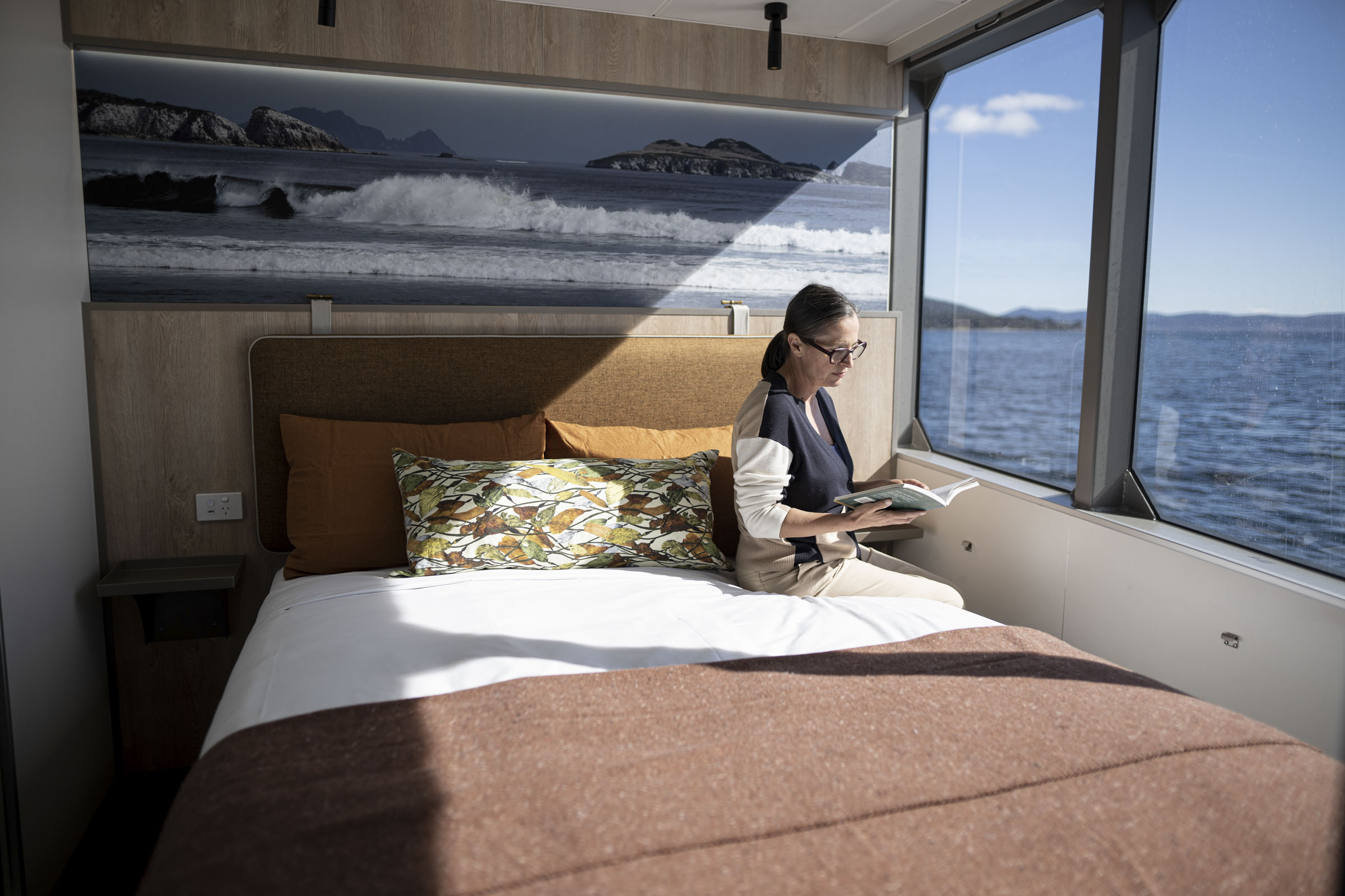 The Coastal Cabins on board Expedition vessel Odalisque reflect the colours of Tasmania's east coast