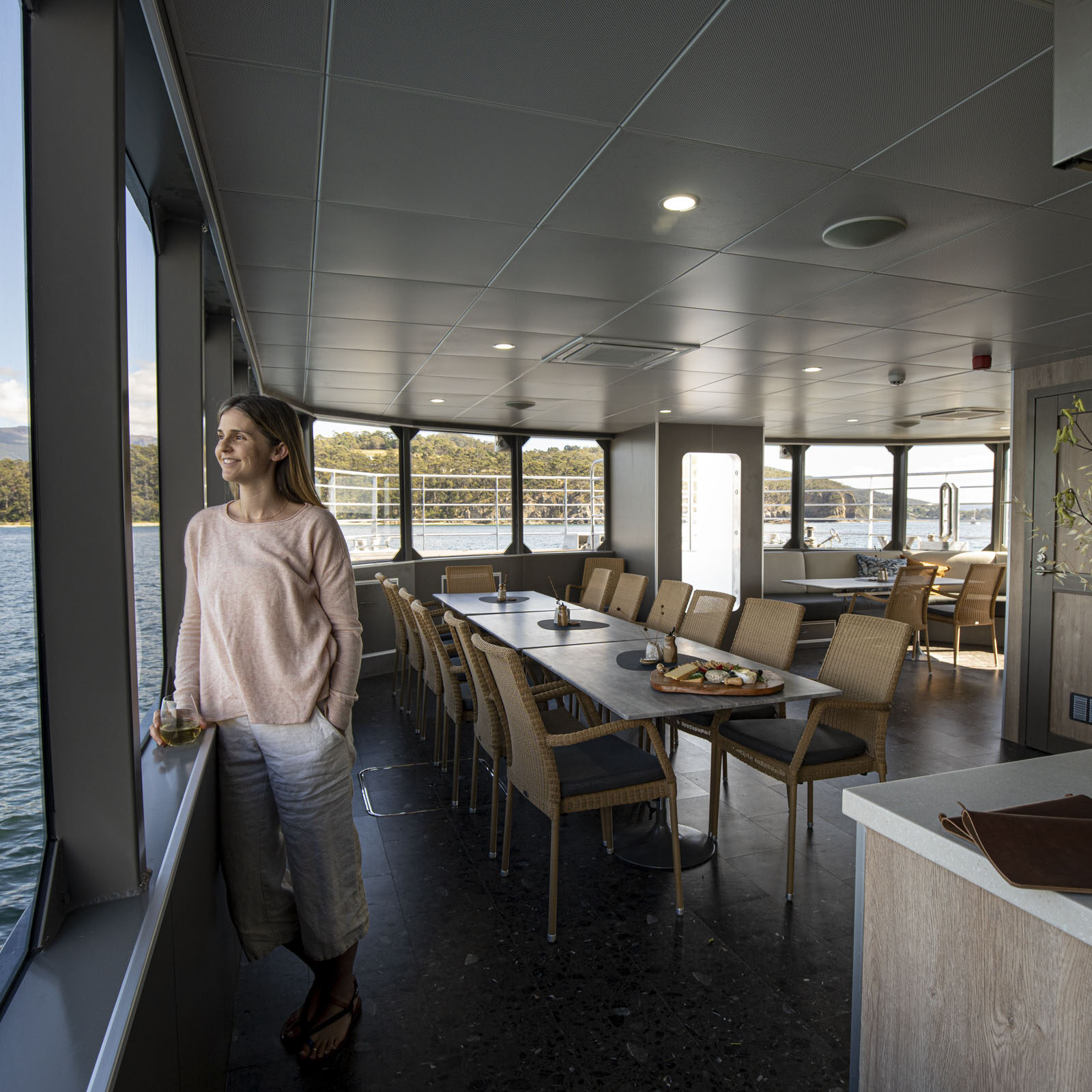 On Board's spacious Dining Room & Bar on expedition vessel Odalsique III